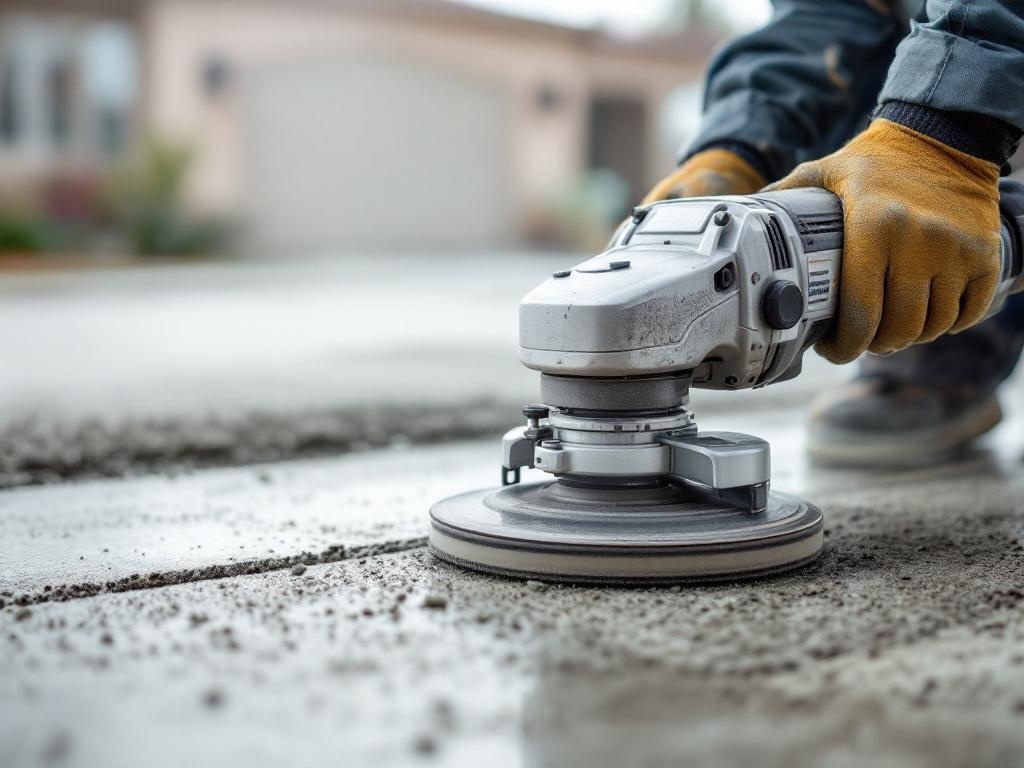 Diamond grinder mid-action on concrete slab